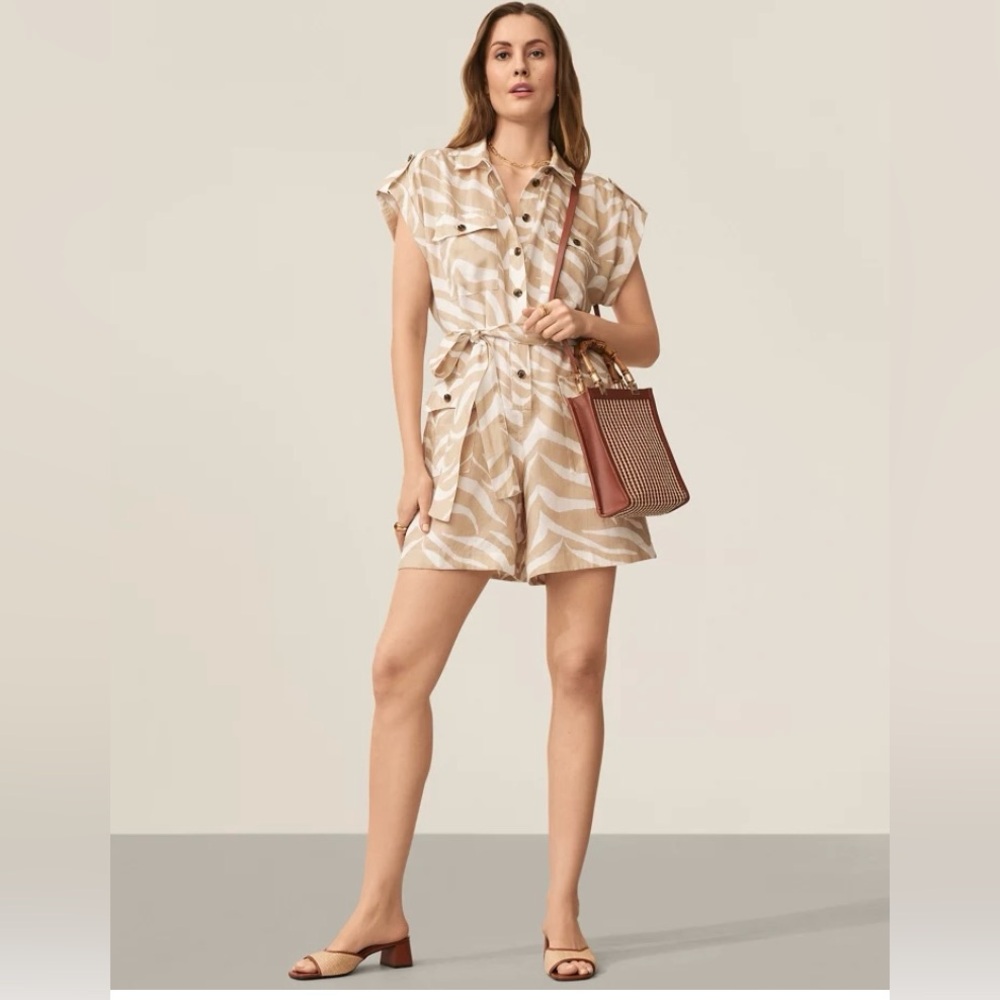 Ann Taylor Weekend Linen Pocket Zebra Print Romper